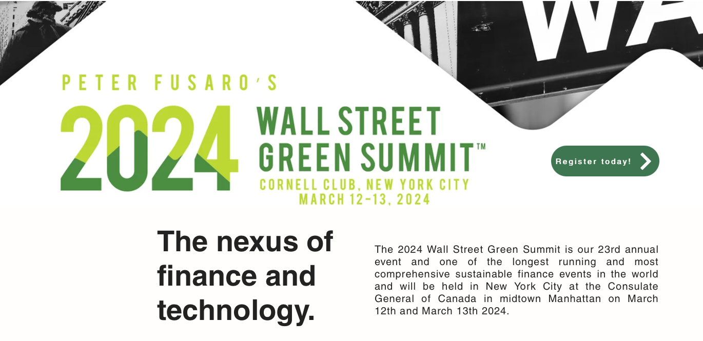 Image promoting OWL ESG's participation in Peter Fusaro's 2024 Wall Street Green Summit, featuring the company logo and event details, highlighting their role in the sustainable finance industry.